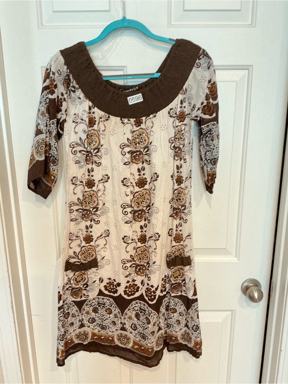 Boho Floral Scoop-Neck Midi Dress in Cream and Brown